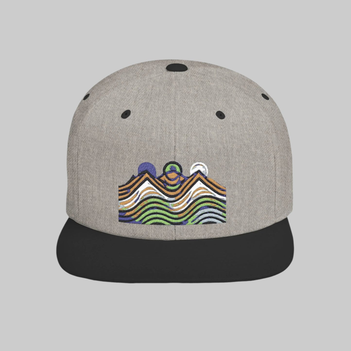 Mountain Waves Flat Bill Snapback Hat - Trendy Cap for Outdoor Lovers, Casual Wear, Hiking, Beach Days, Summer Parties